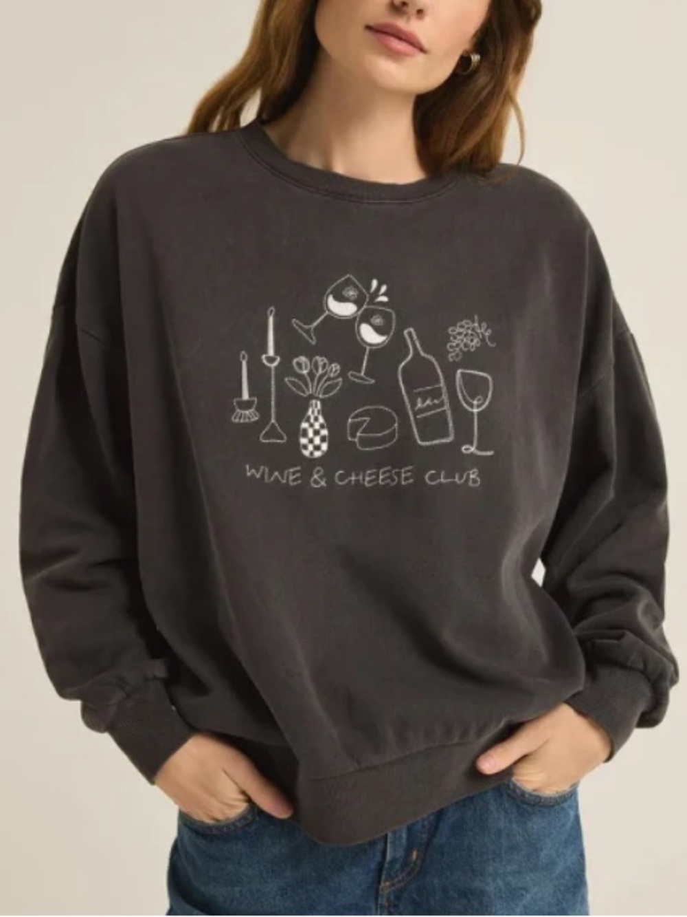 Z SUPPLY WINE AND CHEESE SUNDAY EMBROIDERED SWEATSHIRT MEDIUM AND LARGE BLACK